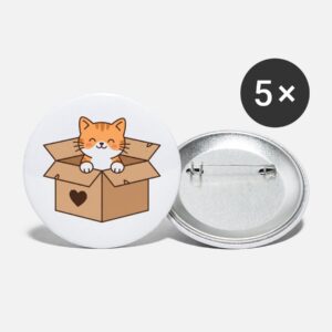 A cheerful orange tabby bursting out of a cardboard box — this kawaii-style button pack is pure cat lover gold.